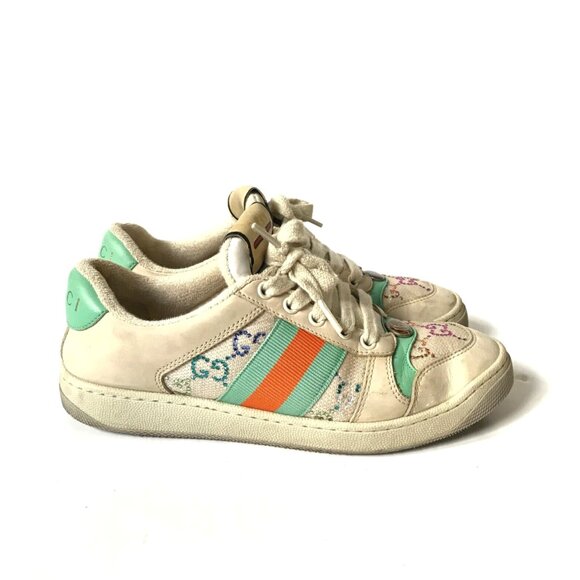 Gucci GG Screener Panelled Leather Trainers Sneakers Womens 36 6 Cream Green - Picture 2 of 11
